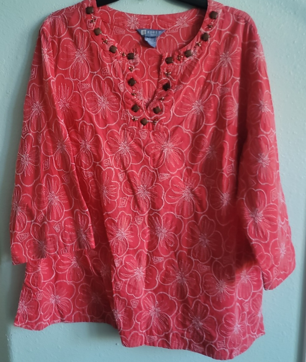 Koret Womens Floral Embroidered Beaded Front Blouse 3/4 Sleeve 1X